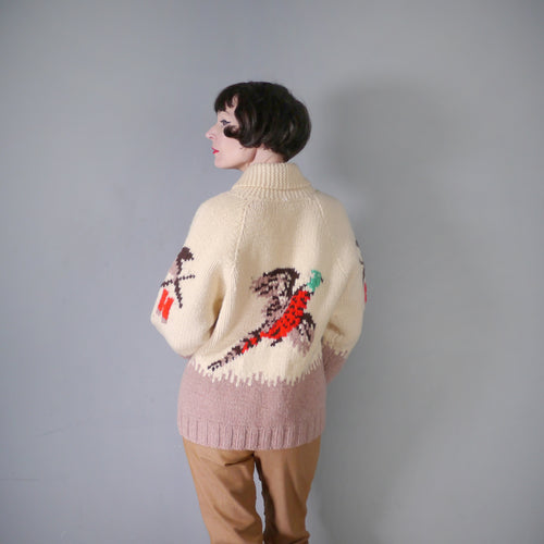 50s HANDMADE HUNTING PATTERN PHEASANT COWICHAN CHUNKY WOOL CARDIGAN - L