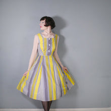 Load image into Gallery viewer, 50s 60s YELLOW GREY STRIPED COTTON DAY DRESS - M