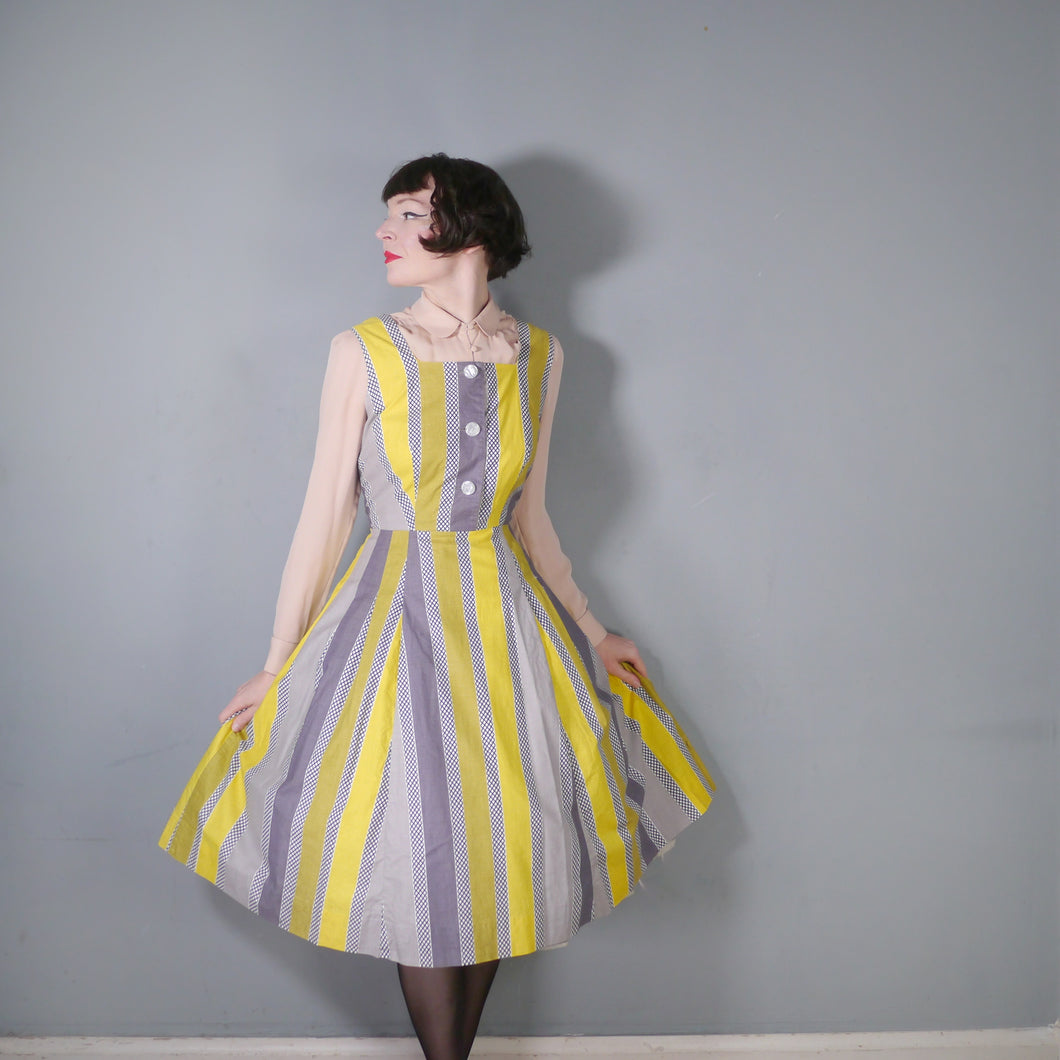 50s 60s YELLOW GREY STRIPED COTTON DAY DRESS - M