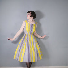 Load image into Gallery viewer, 50s 60s YELLOW GREY STRIPED COTTON DAY DRESS - M