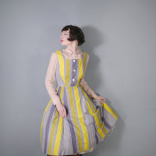 Load image into Gallery viewer, 50s 60s YELLOW GREY STRIPED COTTON DAY DRESS - M