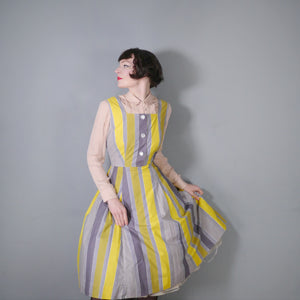 50s 60s YELLOW GREY STRIPED COTTON DAY DRESS - M