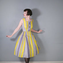 Load image into Gallery viewer, 50s 60s YELLOW GREY STRIPED COTTON DAY DRESS - M