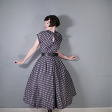 Load image into Gallery viewer, 50s GREY YELLOW AND BLACK CHEVRON STRIPE TIE NECK DRESS - M-L (tall fit)