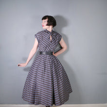 Load image into Gallery viewer, 50s GREY YELLOW AND BLACK CHEVRON STRIPE TIE NECK DRESS - M-L (tall fit)