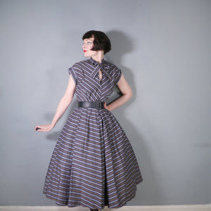 50s GREY YELLOW AND BLACK CHEVRON STRIPE TIE NECK DRESS - M-L (tall fit)