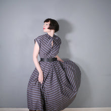 Load image into Gallery viewer, 50s GREY YELLOW AND BLACK CHEVRON STRIPE TIE NECK DRESS - M-L (tall fit)