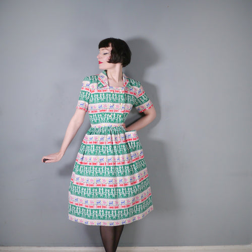 40s 50s GREEN NOVELTY HORSE FOLK PRINT SHIRT DRESS - M