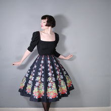 Load image into Gallery viewer, FANTASTIC 50s FLOWER BASKET WITH CHAIN NOVELTY BORDER PRINT BLACK COTTON SKIRT - 24&quot;