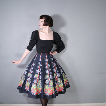 Load image into Gallery viewer, FANTASTIC 50s FLOWER BASKET WITH CHAIN NOVELTY BORDER PRINT BLACK COTTON SKIRT - 24&quot;