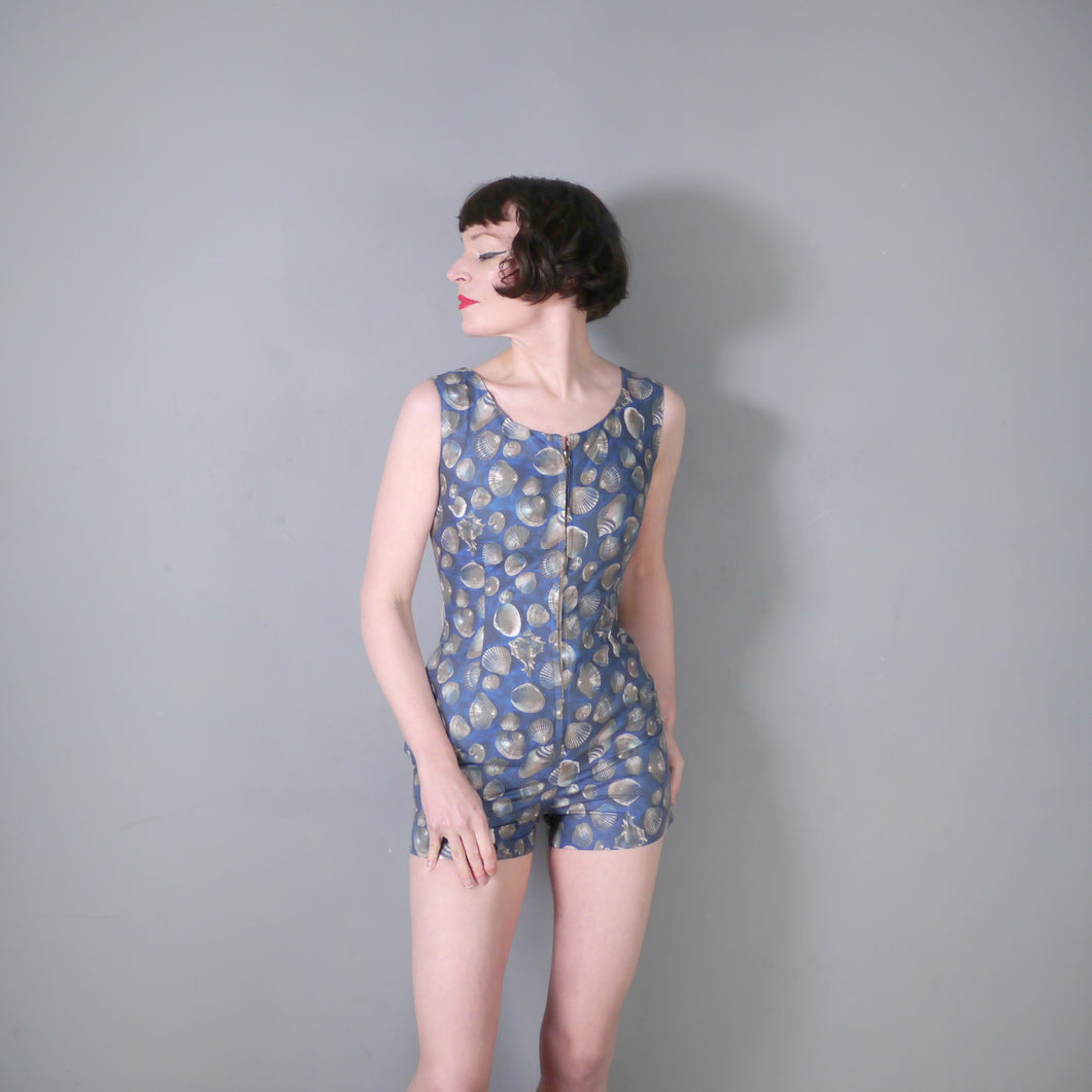 50s LAZAR SPORTS BLUE GREY SHELL PRINT COTTON ROMPER / PLAYSUIT - XS
