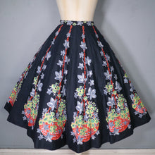 Load image into Gallery viewer, FANTASTIC 50s FLOWER BASKET WITH CHAIN NOVELTY BORDER PRINT BLACK COTTON SKIRT - 24&quot;