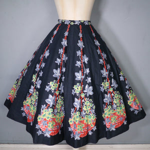 FANTASTIC 50s FLOWER BASKET WITH CHAIN NOVELTY BORDER PRINT BLACK COTTON SKIRT - 24"