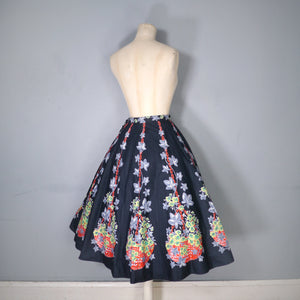 FANTASTIC 50s FLOWER BASKET WITH CHAIN NOVELTY BORDER PRINT BLACK COTTON SKIRT - 24"