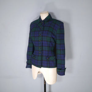 50s JAMESHIRE BLACKWATCH BLUE GREEN TARTAN CHECK FITTED BLAZER JACKET - S
