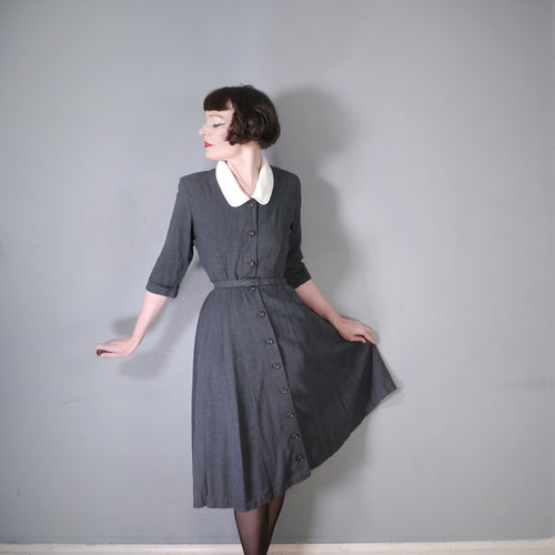 50s DARK GREY WIGGLE GOVERNESS DRESS WITH PETER PAN COLLAR AND BELT - S