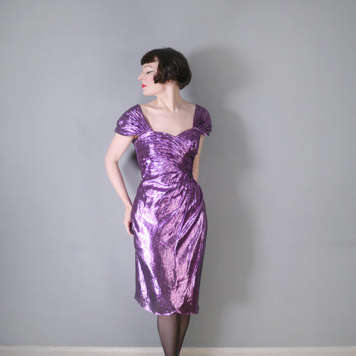 80s VICTOR COSTA METALLIC PURPLE SCULPTED DISCO PARTY DRESS - S