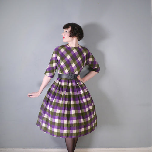 50s GREEN AND PURPLE WOOL PLAID DOLMAN WINTER DRESS - S-M