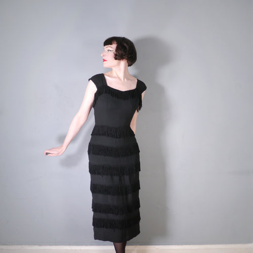 60s BAROQUE FRINGED BLACK COCKTAIL / PARTY DRESS - M