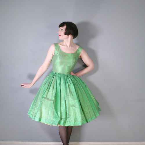 50s 60s IRRIDESCENT METALLIC FAIRYCORE GREEN FULL SKIRTED PARTY DRESS - S