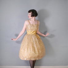 Load image into Gallery viewer, 50s 60s &quot;BLANES&quot; GOLD METALLIC LACE STRAPPY PARTY / COCKTAIL DRESS - L / volup