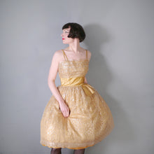 Load image into Gallery viewer, 50s 60s &quot;BLANES&quot; GOLD METALLIC LACE STRAPPY PARTY / COCKTAIL DRESS - L / volup