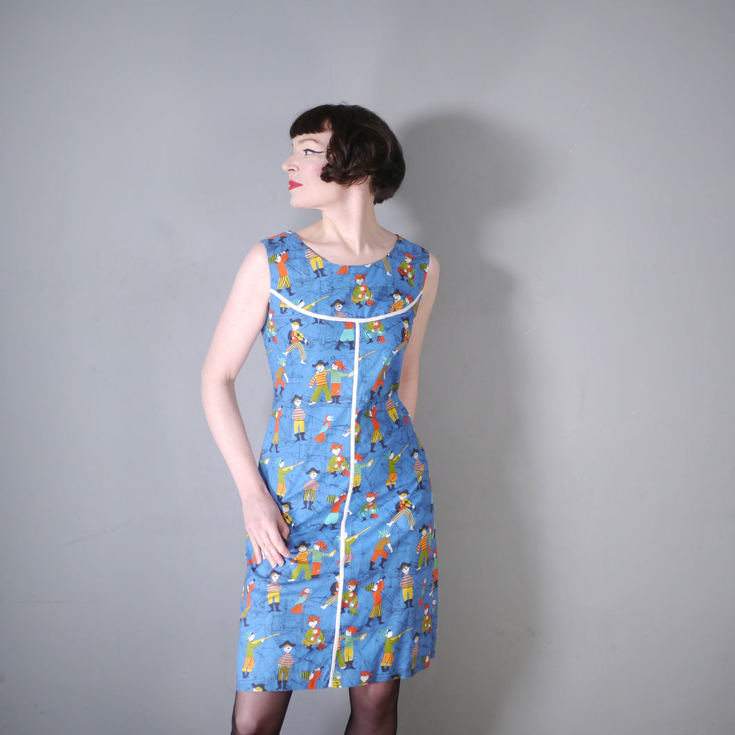 BLUE 60s NOVELTY WHIMSICAL PIRATE PRINT SHIFT DRESS - S-M