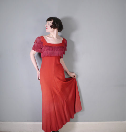 40s DARK RED CREPE MAXI EVENING DRESS WITH FRINGED BODICE - S