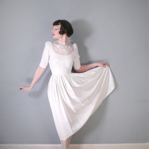 40s WHITE CREPE AND MESH DRESS WITH FULL SKIRT AND PUFF SLEEVE - S