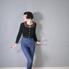 Load image into Gallery viewer, 60s 70s BLACK GREEN AND RED COLOURBLOCK CROPPED BAVARIAN / FOLK CARDIGAN - XS-S