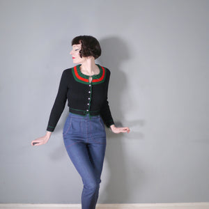 60s 70s BLACK GREEN AND RED COLOURBLOCK CROPPED BAVARIAN / FOLK CARDIGAN - XS-S