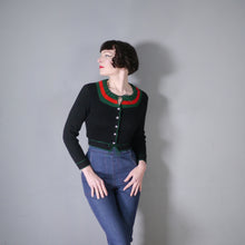 Load image into Gallery viewer, 60s 70s BLACK GREEN AND RED COLOURBLOCK CROPPED BAVARIAN / FOLK CARDIGAN - XS-S