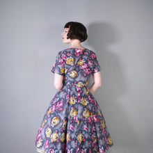 Load image into Gallery viewer, 50s 60s HANDMADE DARK FLORAL GREY YELLOW AND PINK COTTON DRESS - M