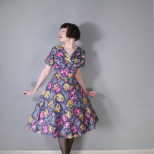 Load image into Gallery viewer, 50s 60s HANDMADE DARK FLORAL GREY YELLOW AND PINK COTTON DRESS - M