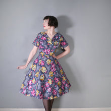 Load image into Gallery viewer, 50s 60s HANDMADE DARK FLORAL GREY YELLOW AND PINK COTTON DRESS - M