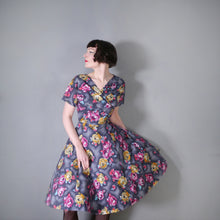 Load image into Gallery viewer, 50s 60s HANDMADE DARK FLORAL GREY YELLOW AND PINK COTTON DRESS - M