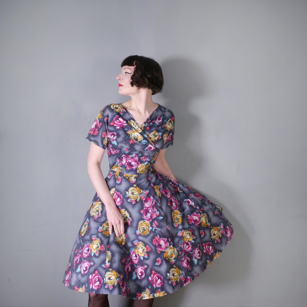 50s 60s HANDMADE DARK FLORAL GREY YELLOW AND PINK COTTON DRESS - M