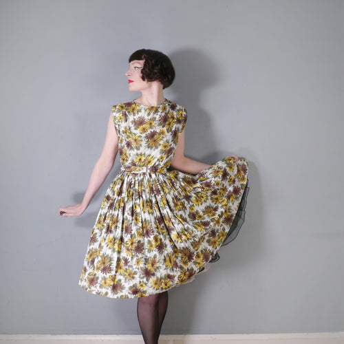 60s YELLOW AND BROWN PLEATED DAY DRESS WITH BELT - M