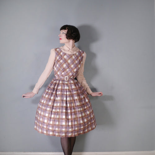 50s 60s BROWN PAINTERLY CHECK COTTON DAY DRESS - M