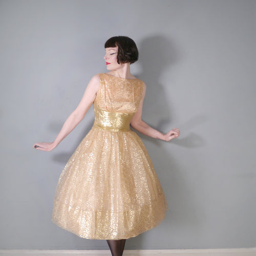 50s 60s GOLD METALLIC LACE FULL SKIRTED PROM PARTY DRESS - S