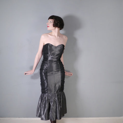 80s SILVERY DARK GREY AND BLACK MESH STRAPLESS WIGGLE MERMAID DRESS - XS-S