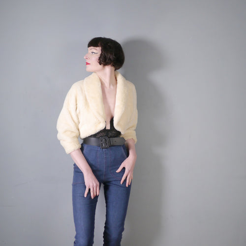 50s 60s HERSHELLE WHITE FAUX FUR CROPPED BOLERO COAT JACKET - S-M