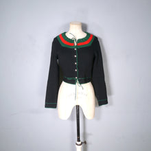 Load image into Gallery viewer, 60s 70s BLACK GREEN AND RED COLOURBLOCK CROPPED BAVARIAN / FOLK CARDIGAN - XS-S