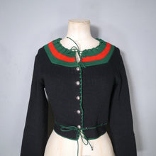 Load image into Gallery viewer, 60s 70s BLACK GREEN AND RED COLOURBLOCK CROPPED BAVARIAN / FOLK CARDIGAN - XS-S