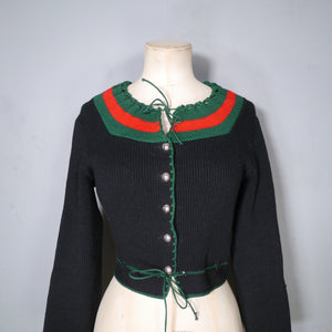 60s 70s BLACK GREEN AND RED COLOURBLOCK CROPPED BAVARIAN / FOLK CARDIGAN - XS-S