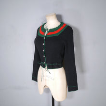 Load image into Gallery viewer, 60s 70s BLACK GREEN AND RED COLOURBLOCK CROPPED BAVARIAN / FOLK CARDIGAN - XS-S