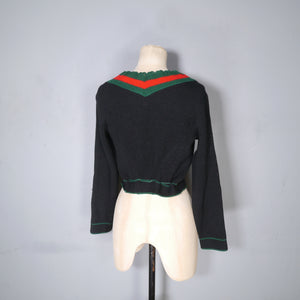 60s 70s BLACK GREEN AND RED COLOURBLOCK CROPPED BAVARIAN / FOLK CARDIGAN - XS-S