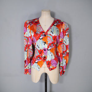 80s YVES SAINT LAURENT NOVELTY MASCARADE PRINT SILK BLOUSE - S-M