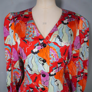 80s YVES SAINT LAURENT NOVELTY MASCARADE PRINT SILK BLOUSE - S-M