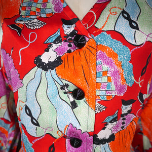 80s YVES SAINT LAURENT NOVELTY MASCARADE PRINT SILK BLOUSE - S-M